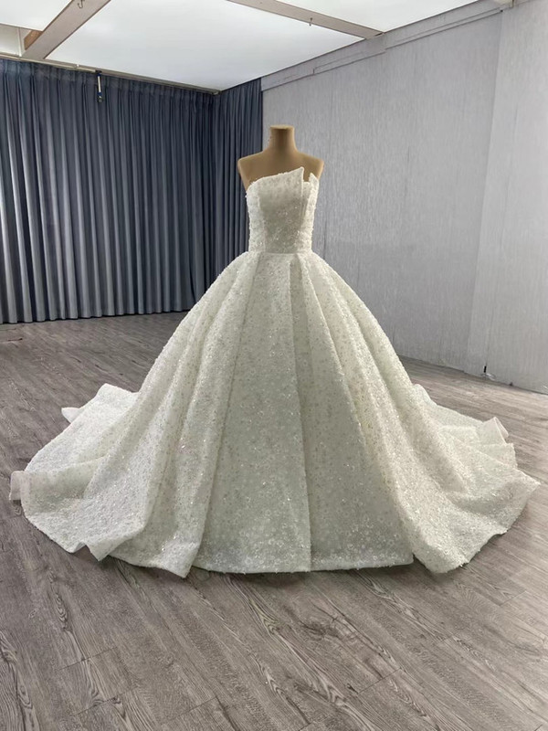 White Sequins Beading Strapless Wedding Dress