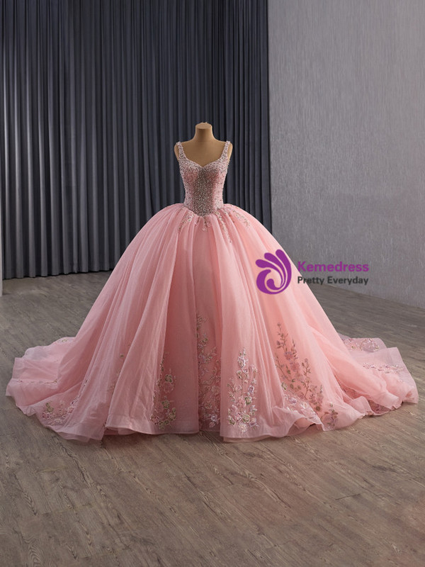 Pink Ball Gown Tulle Appliques Sequins Beading Prom Dress