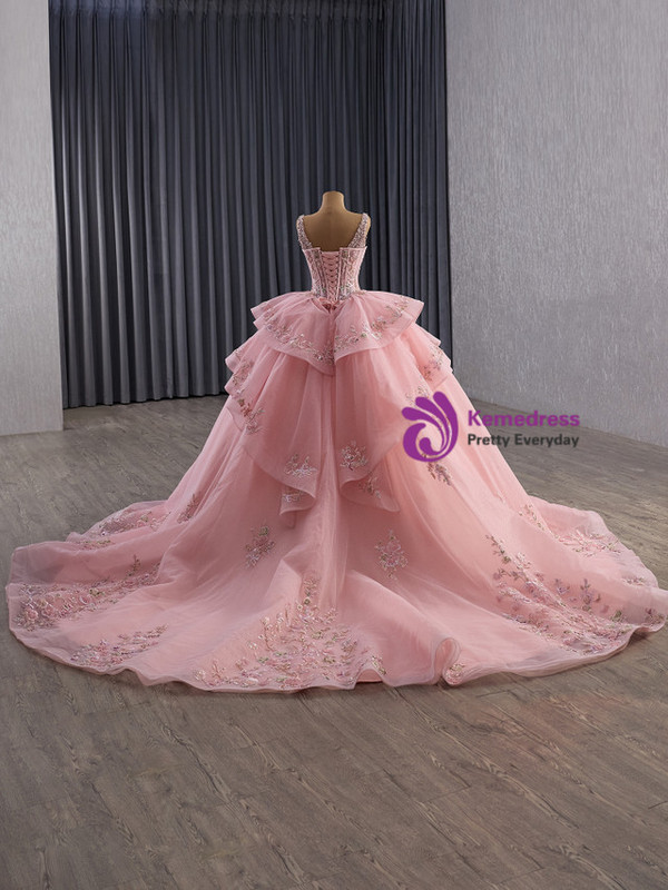 Pink Ball Gown Tulle Appliques Sequins Beading Prom Dress