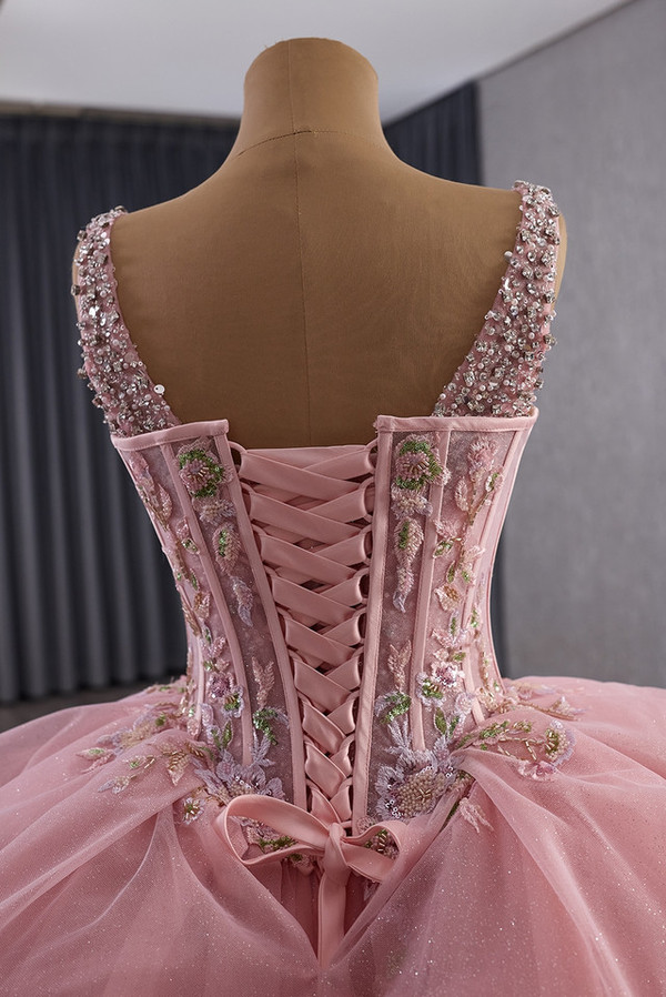 Pink Ball Gown Tulle Appliques Sequins Beading Prom Dress