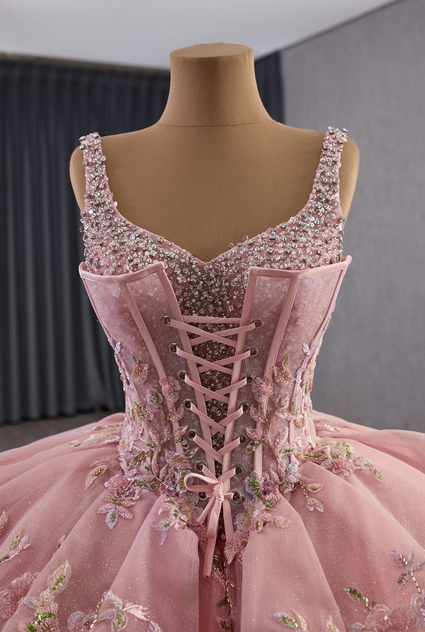 Pink Ball Gown Tulle Appliques Sequins Beading Prom Dress