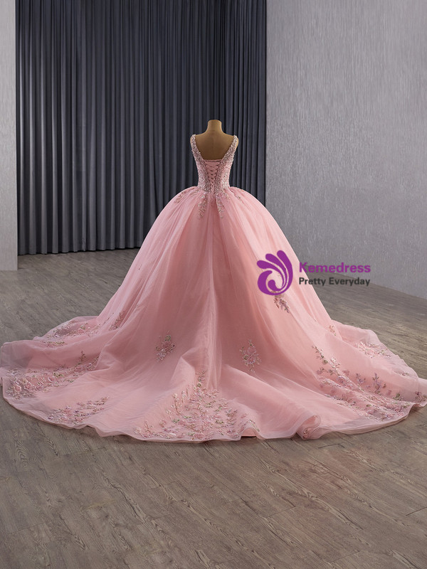 Pink Ball Gown Tulle Appliques Sequins Beading Prom Dress