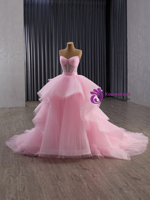 Pink Tulle Pleats Strapless Beading Prom Dress