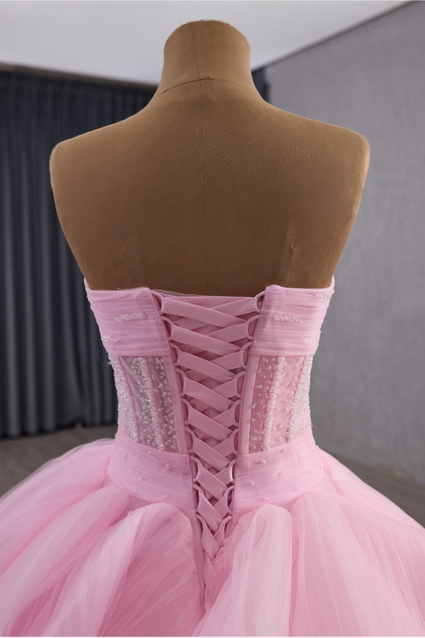 Pink Tulle Pleats Strapless Beading Prom Dress