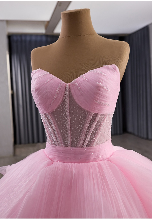 Pink Tulle Pleats Strapless Beading Prom Dress
