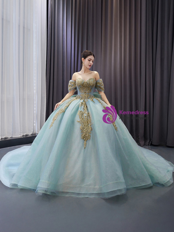 Blue Tulle Strapless Appliques Bow Prom Dress