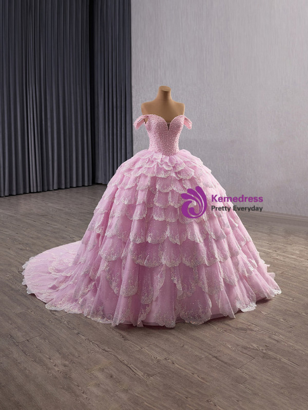 Pink Tulle Sequins Tiers Pearls Prom Dress