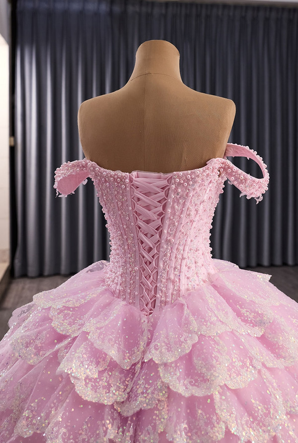 Pink Tulle Sequins Tiers Pearls Prom Dress