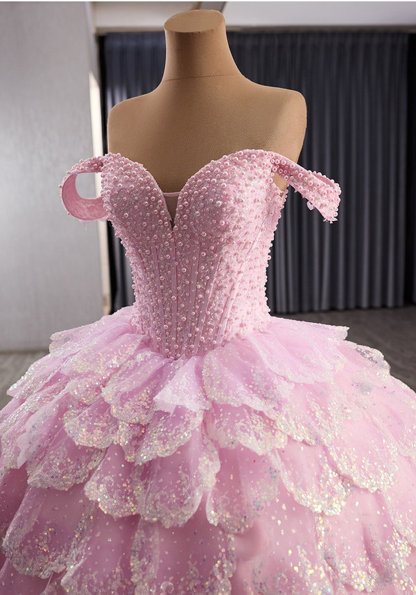 Pink Tulle Sequins Tiers Pearls Prom Dress