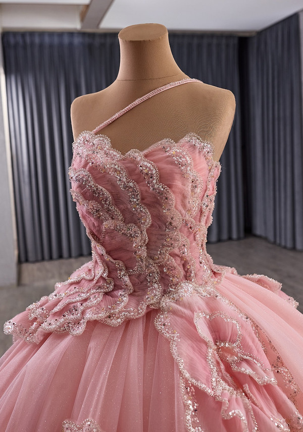 Pink Ball Gown Tulle Sequins Prom Dress