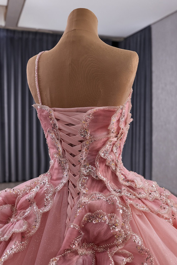 Pink Ball Gown Tulle Sequins Prom Dress