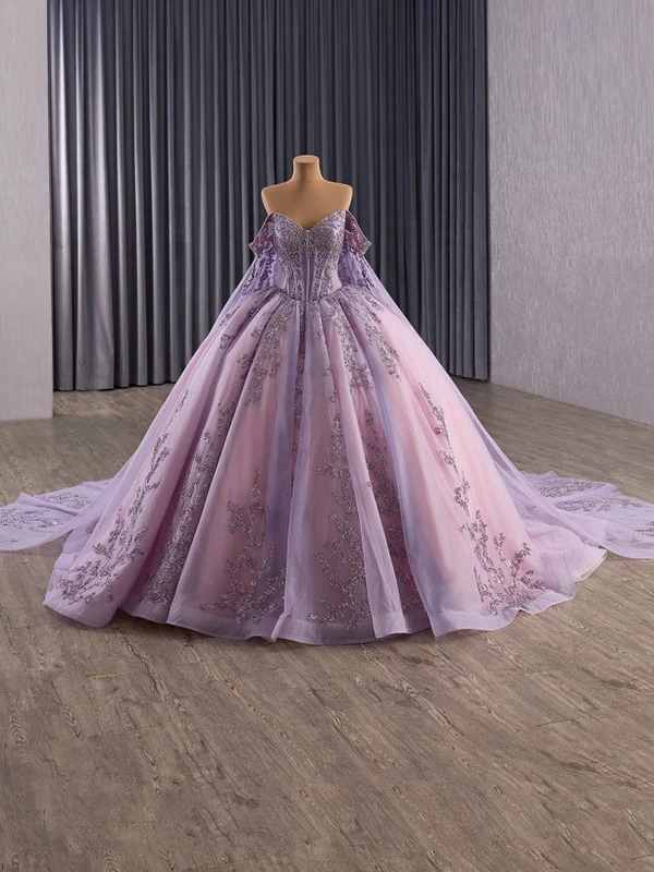 Purple Tulle Off the Shoulder Appliques Prom Dress