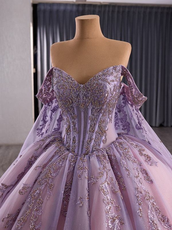 Purple Tulle Off the Shoulder Appliques Prom Dress