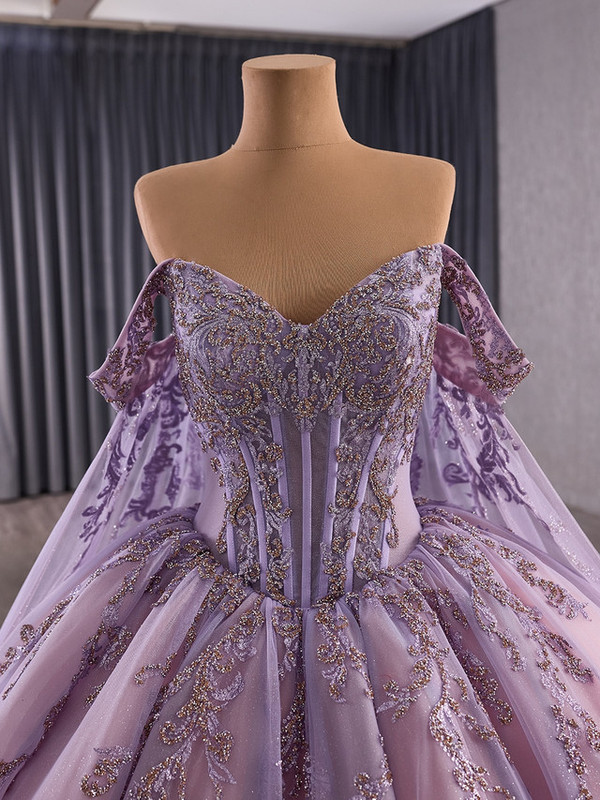 Purple Tulle Off the Shoulder Appliques Prom Dress