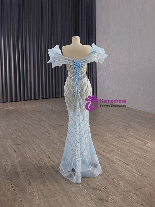 Blue Mermaid Sequins Beading Crystal Prom Dress