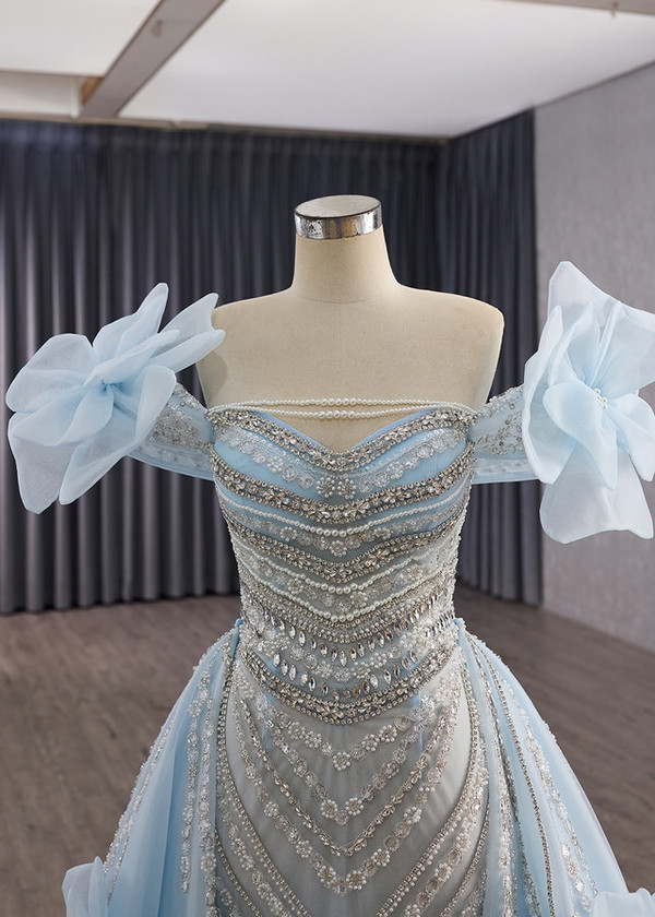 Blue Mermaid Sequins Beading Crystal Prom Dress