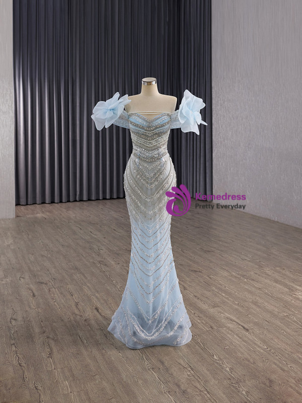 Blue Mermaid Sequins Beading Crystal Prom Dress