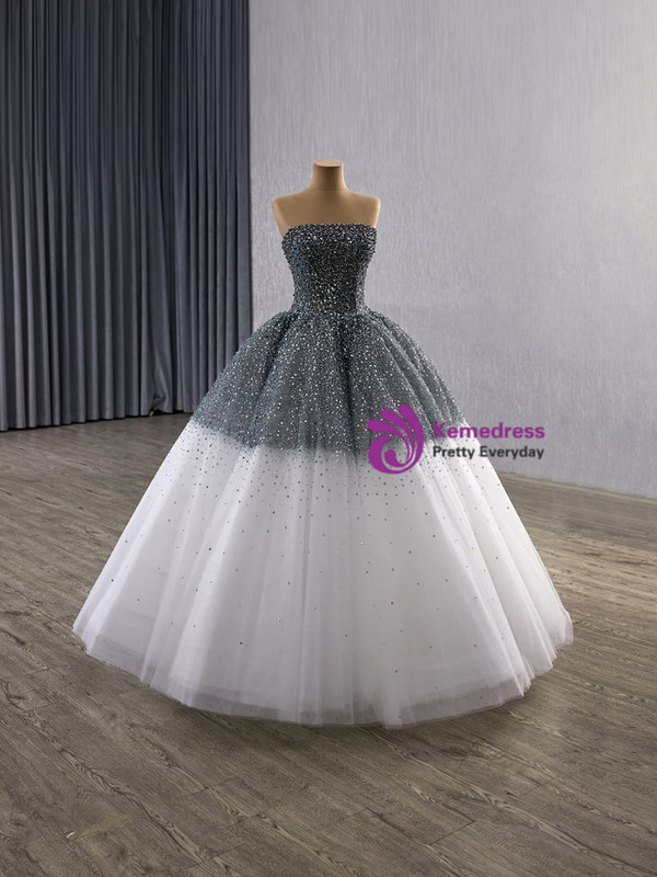 Gray White Tulle Sequins Strapless Prom Dress