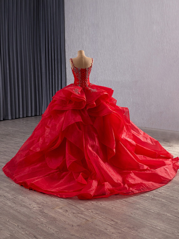 Red Ball Gown Straps Beading Sequins Prom Dress