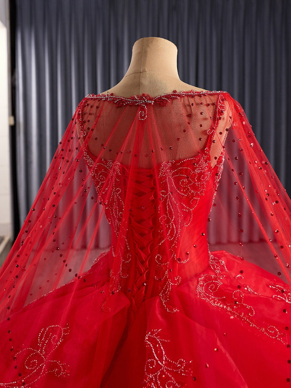 Red Ball Gown Straps Beading Sequins Prom Dress