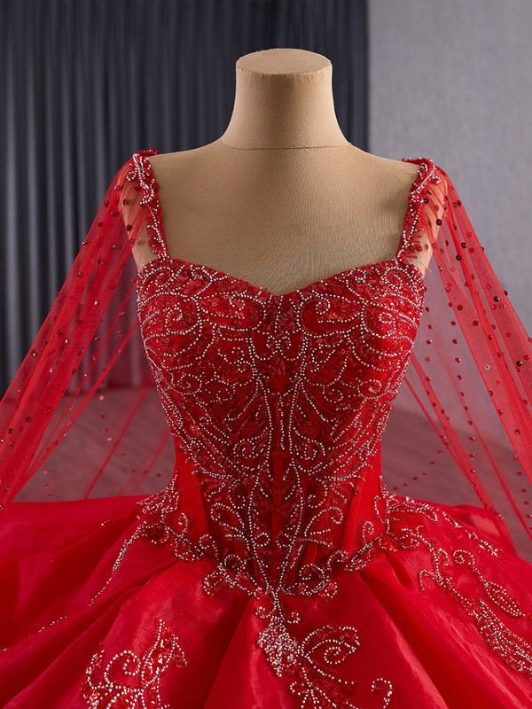 Red Ball Gown Straps Beading Sequins Prom Dress