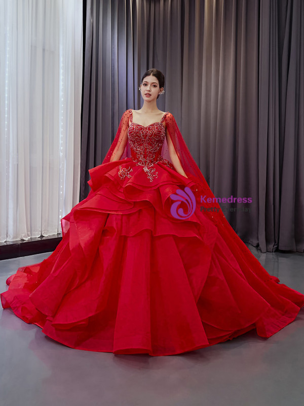 Red Ball Gown Straps Beading Sequins Prom Dress