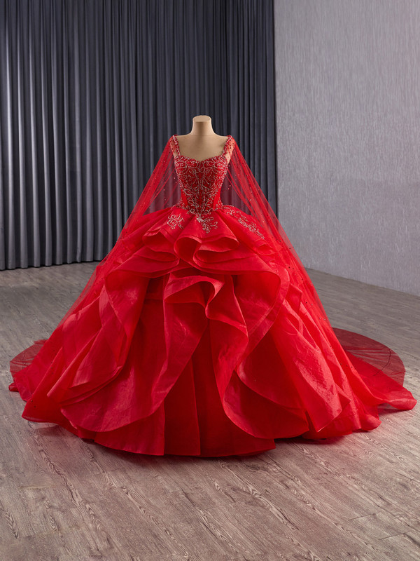 Red Ball Gown Straps Beading Sequins Prom Dress