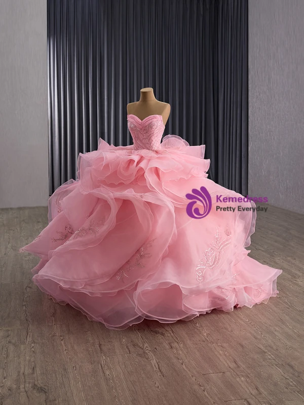 Pink Ball Gown Strapless Tulle Sequins Prom Dress