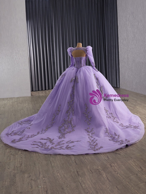 Purple Ball Gown Tulle Strapless Appliques Prom Dress
