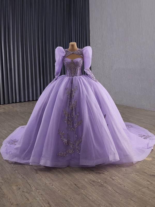 Purple Ball Gown Tulle Strapless Appliques Prom Dress