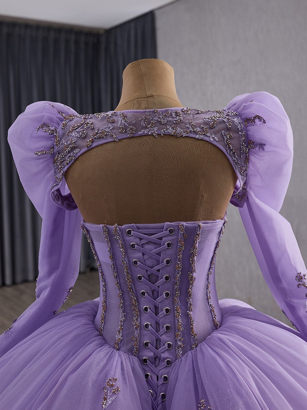 Purple Ball Gown Tulle Strapless Appliques Prom Dress