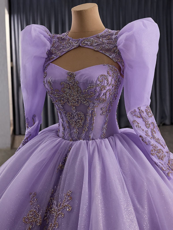 Purple Ball Gown Tulle Strapless Appliques Prom Dress