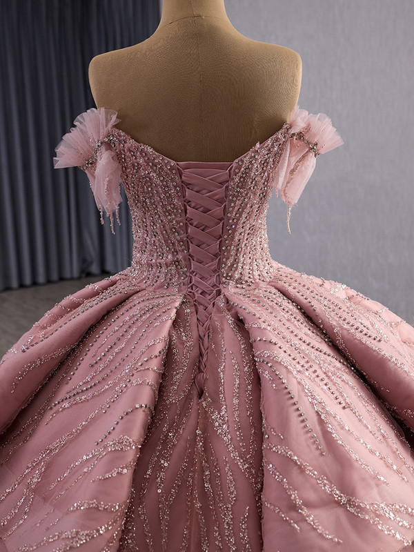 Pink Tulle Sequins Off the Shoulder Beading Prom Dress
