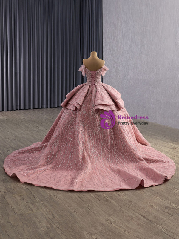Pink Tulle Sequins Off the Shoulder Beading Prom Dress