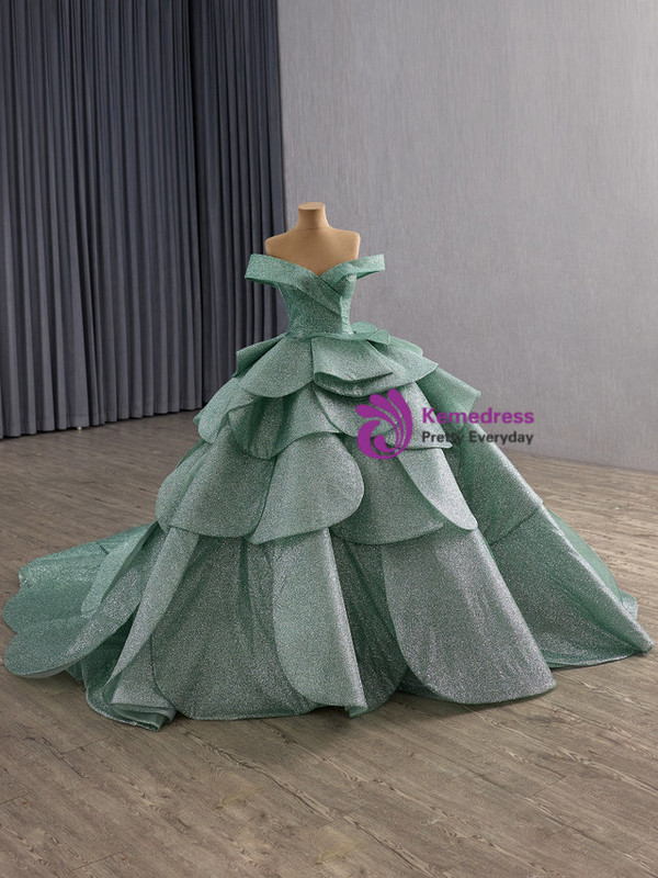 Green Ball Gown Sequins Off the Shoulder Prom Dress