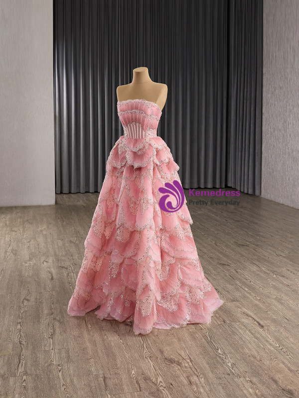 Pink Strapless Tulle Sequins Beading Tiers Prom Dress