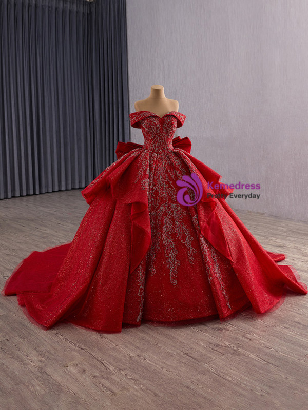 Red Ball Gown Sequins Bow Prom Dress