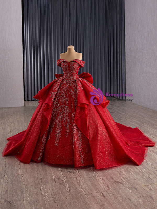 Red Ball Gown Sequins Bow Prom Dress