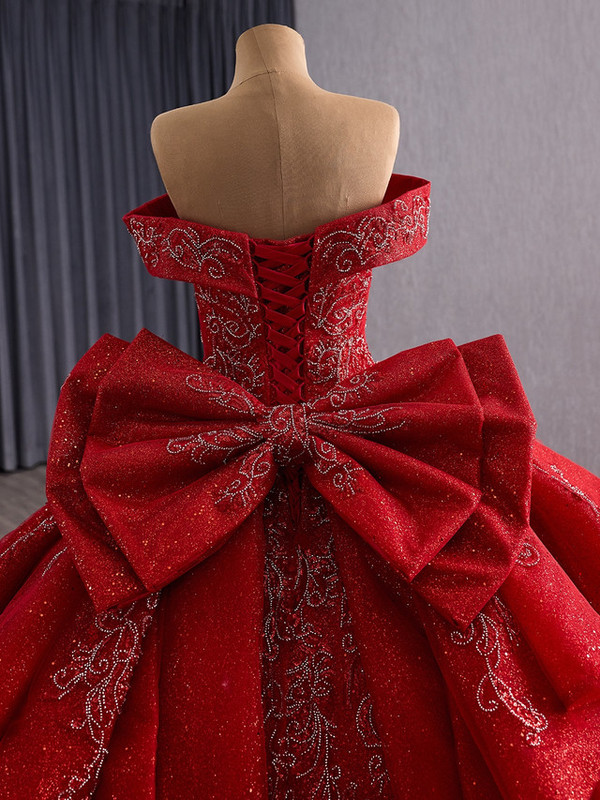 Red Ball Gown Sequins Bow Prom Dress