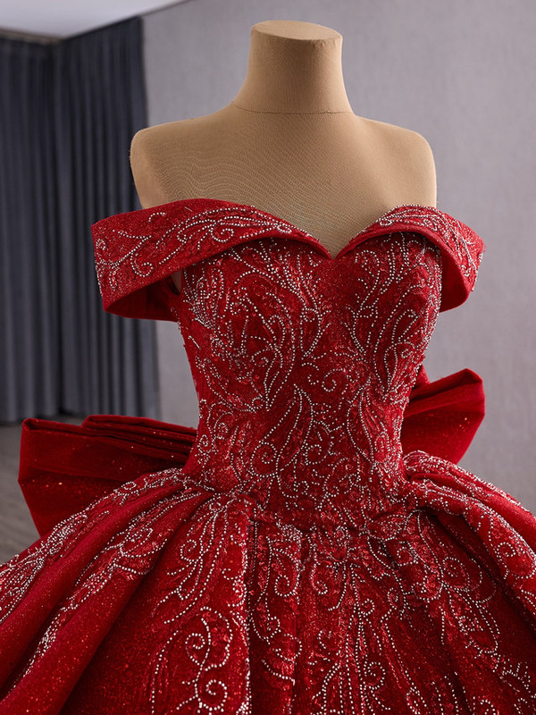 Red Ball Gown Sequins Bow Prom Dress