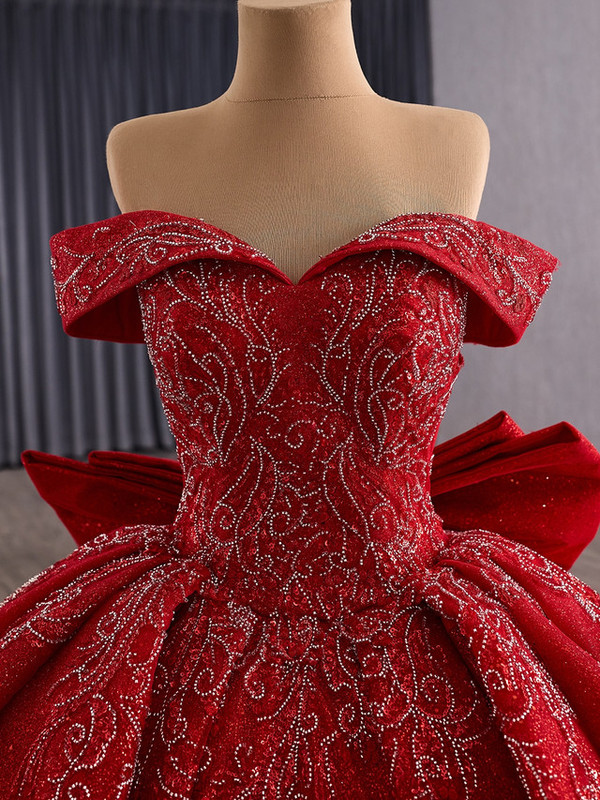 Red Ball Gown Sequins Bow Prom Dress