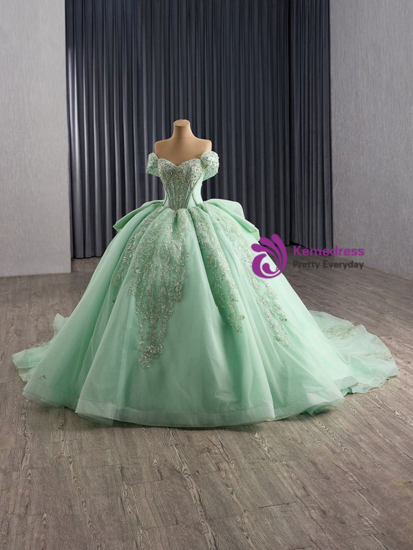 Green Off the Shoulder Tulle Sequins Beading Prom Dress