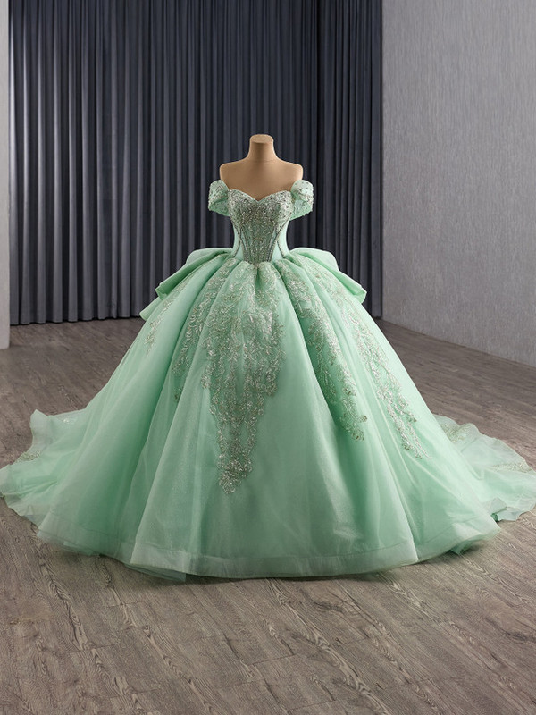 Green Off the Shoulder Tulle Sequins Beading Prom Dress