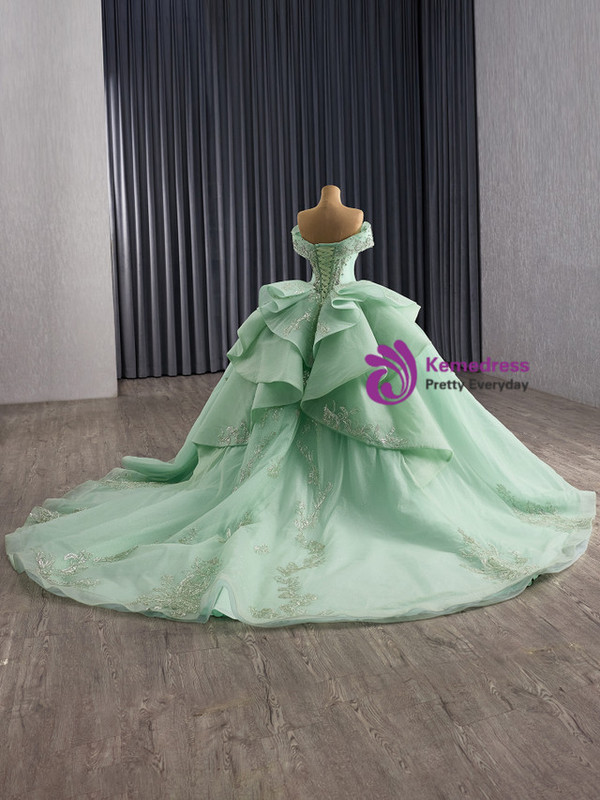 Green Off the Shoulder Tulle Sequins Beading Prom Dress