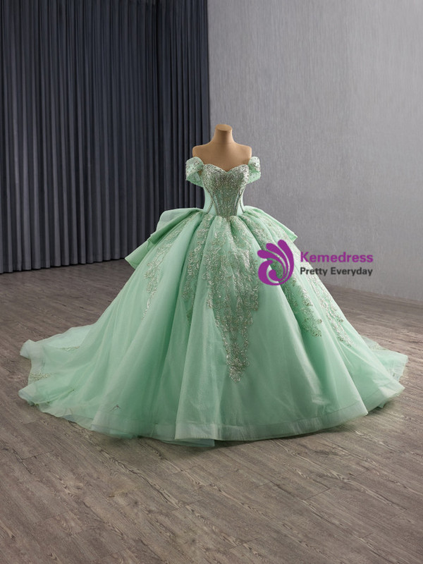 Green Off the Shoulder Tulle Sequins Beading Prom Dress