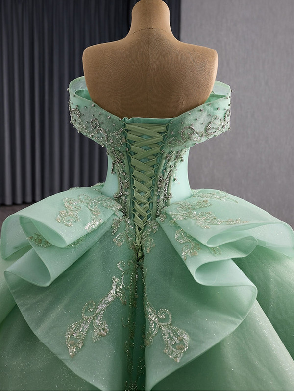 Green Off the Shoulder Tulle Sequins Beading Prom Dress