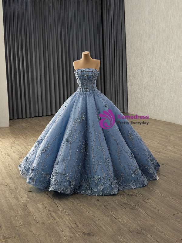 Ball Ball Gown Strapless Pearls 3D Appliques Prom Dress