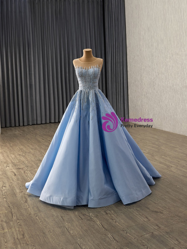 Blue Satin Sequins Prom Dress With Shawl