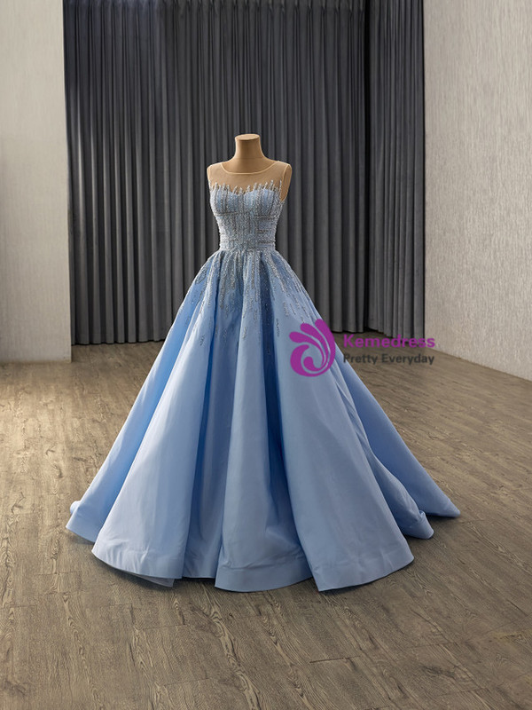 Blue Satin Sequins Prom Dress With Shawl