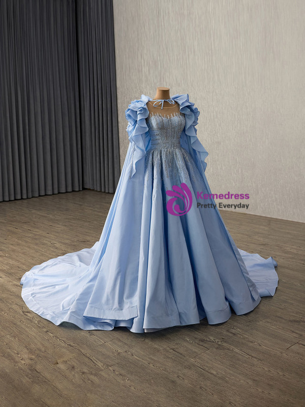 Blue Satin Sequins Prom Dress With Shawl